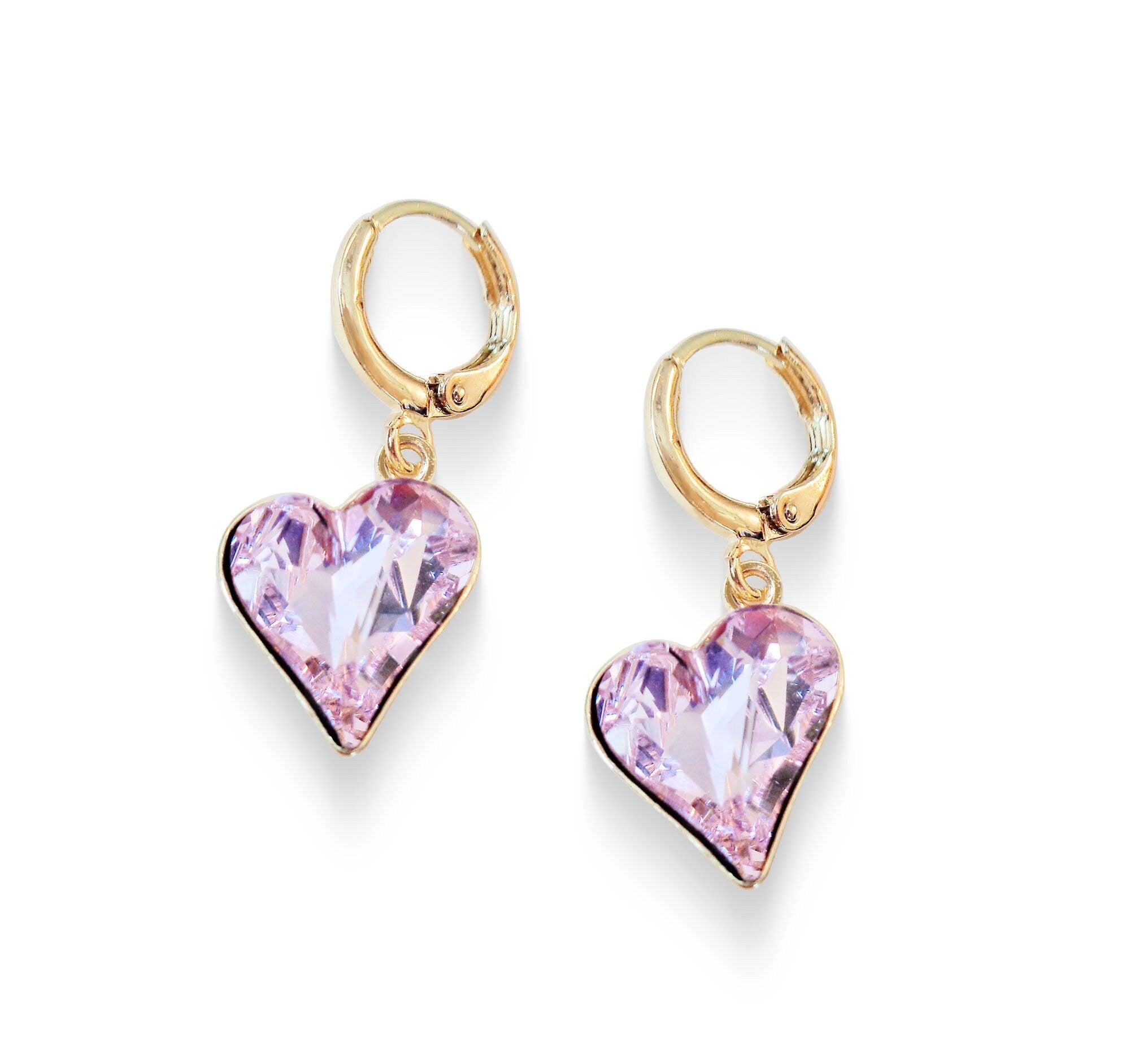 Crystal drop sweetheart earrings,rosaline, gold plated