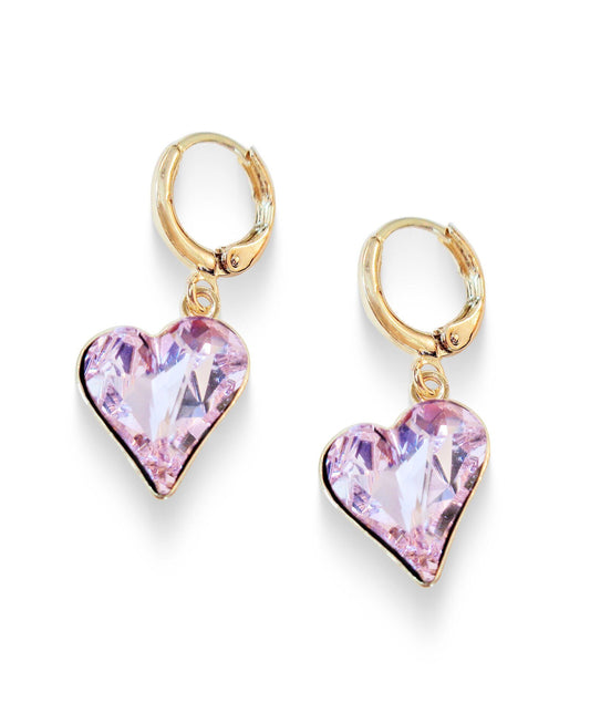 Crystal drop sweetheart earrings,rosaline, gold plated