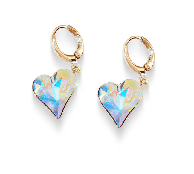 Crystal drop sweetheart earrings, clear crystalAB, gold plated
