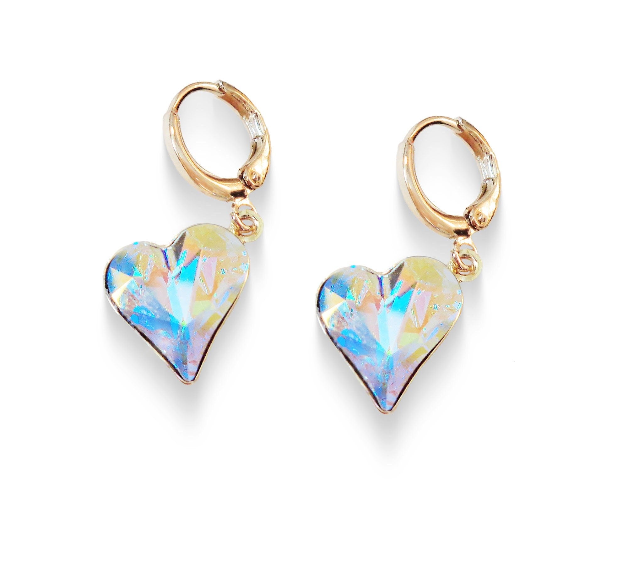 Crystal drop sweetheart earrings, clear crystalAB, gold plated