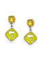 Crystal stud and drop square stone earrings,yellow,rhodium silver