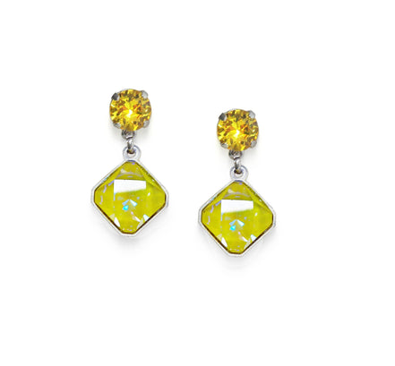 Crystal stud and drop square stone earrings,yellow,rhodium silver