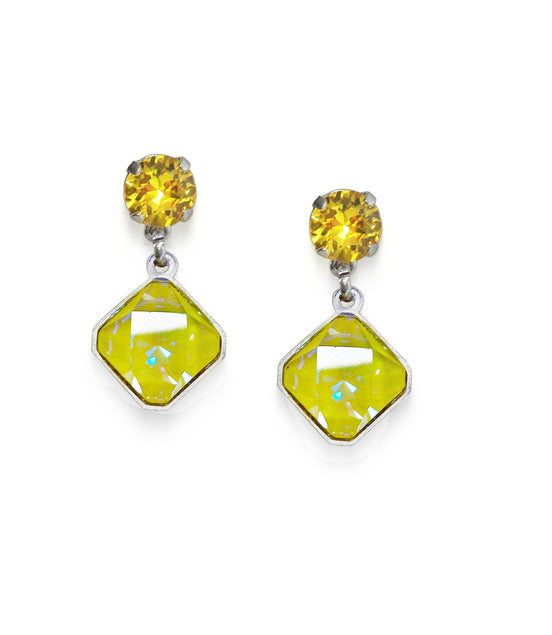 Crystal stud and drop square stone earrings,yellow,rhodium silver