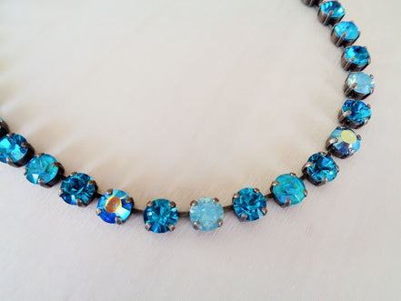 DECEMBER RAIN  crystal necklace multicolour blue ,antique brass
