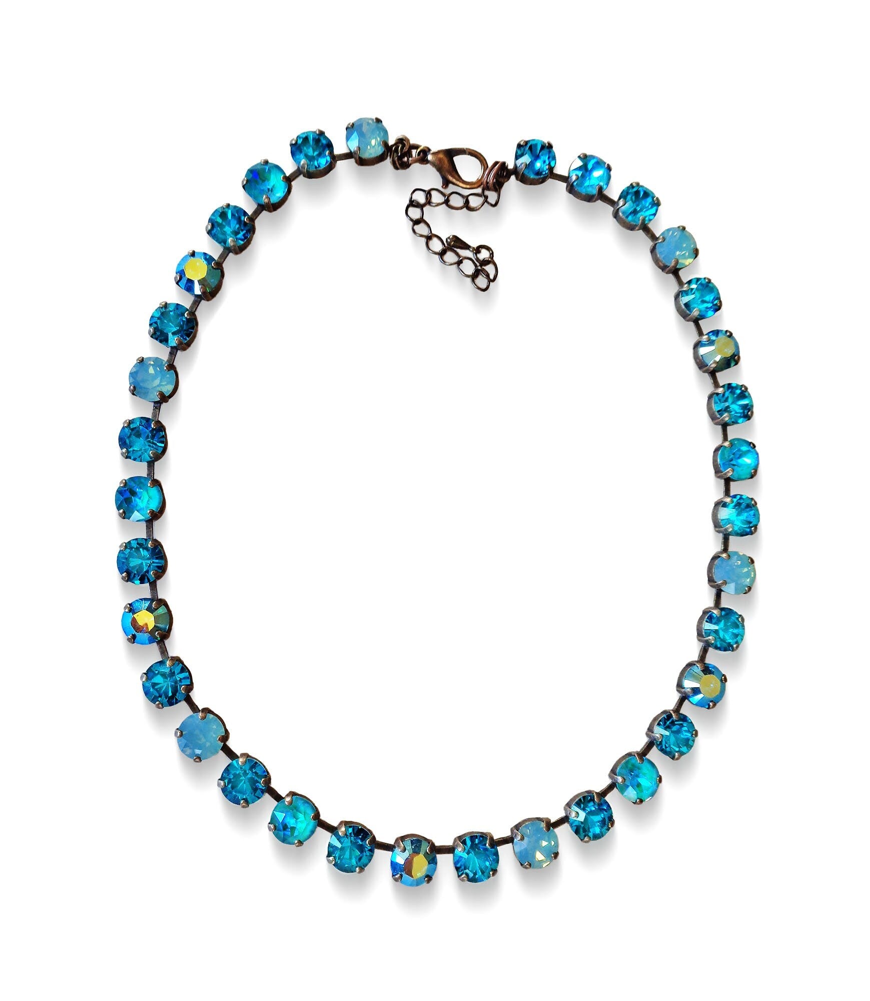 DECEMBER RAIN  crystal necklace multicolour blue ,antique brass