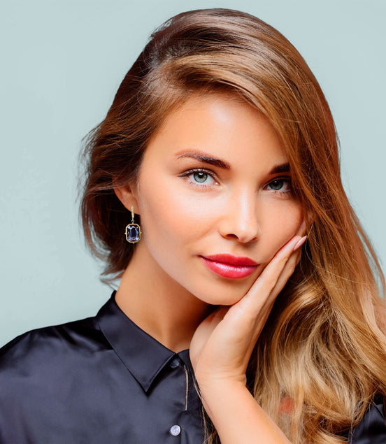 Crystal emerald cut drop earrings,silver  night,18k gold plated