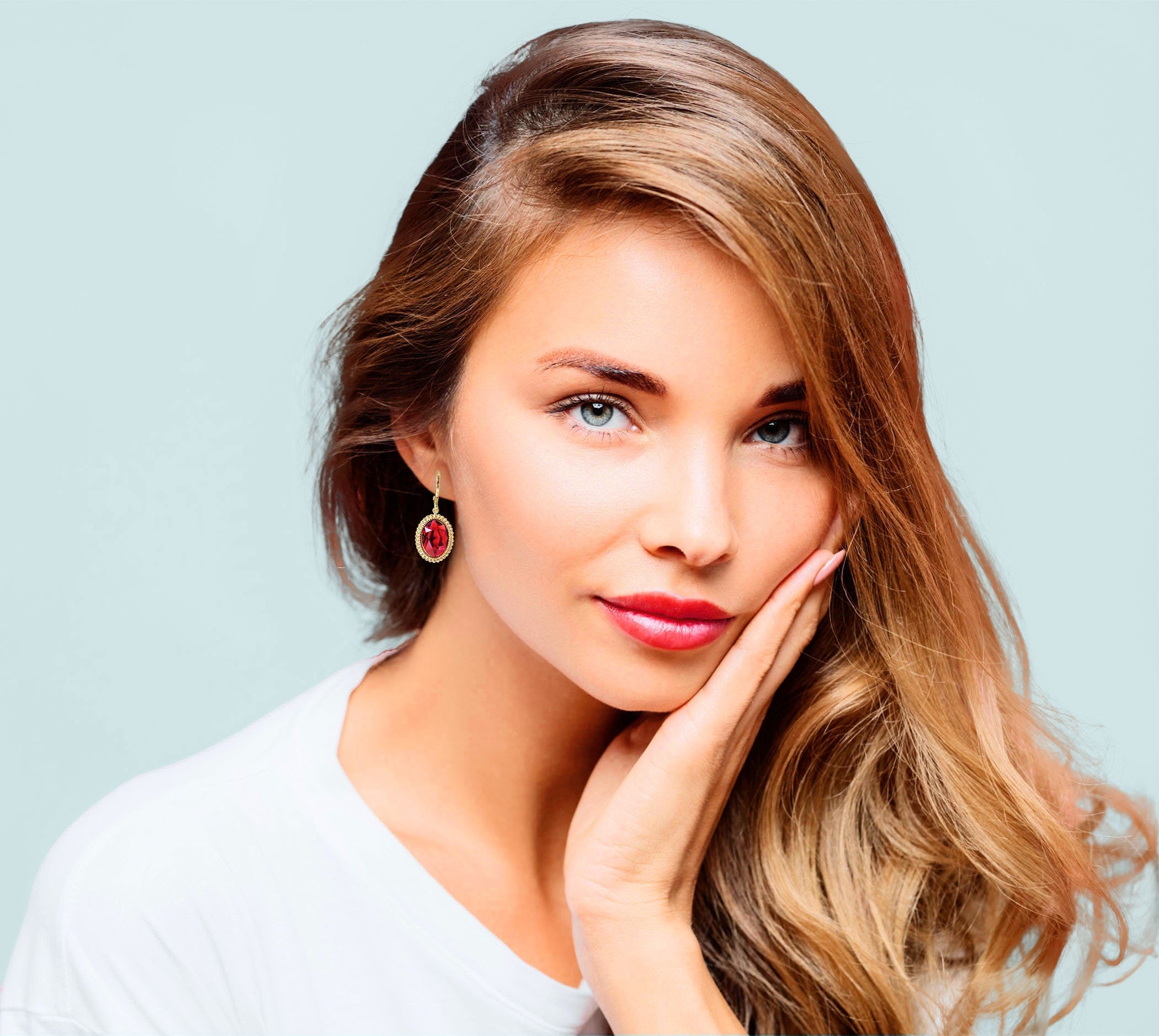 Crystal oval drop earrings,scarlet red,gold plated