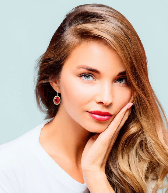 Crystal oval drop earrings,scarlet red,gold plated