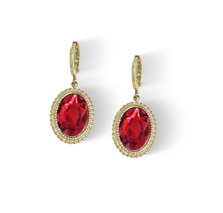 Crystal oval drop earrings,scarlet red,gold plated