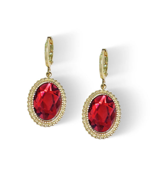 Crystal oval drop earrings,scarlet red,gold plated