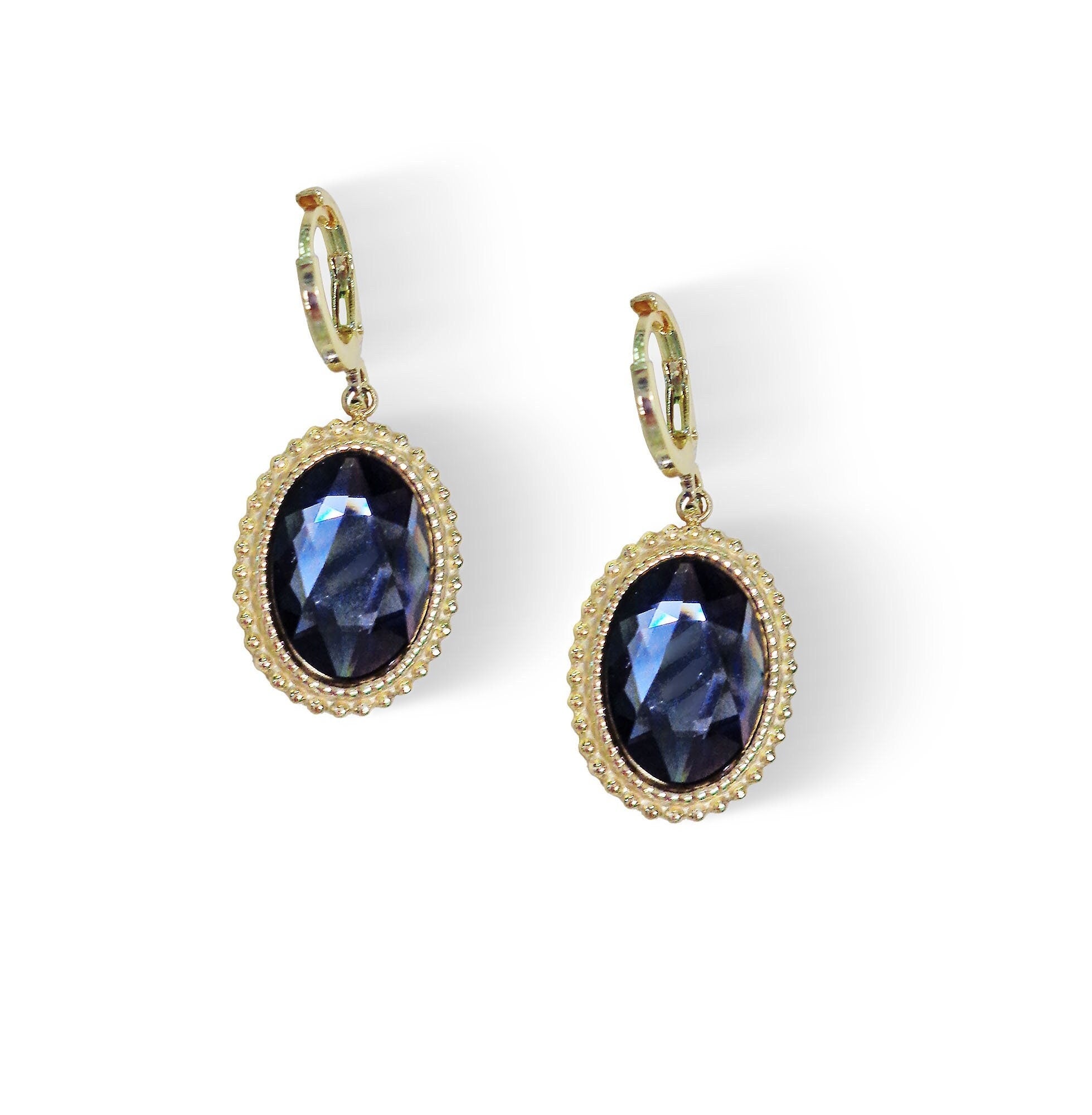 Crystal oval drop earrings,silver night,gold plated