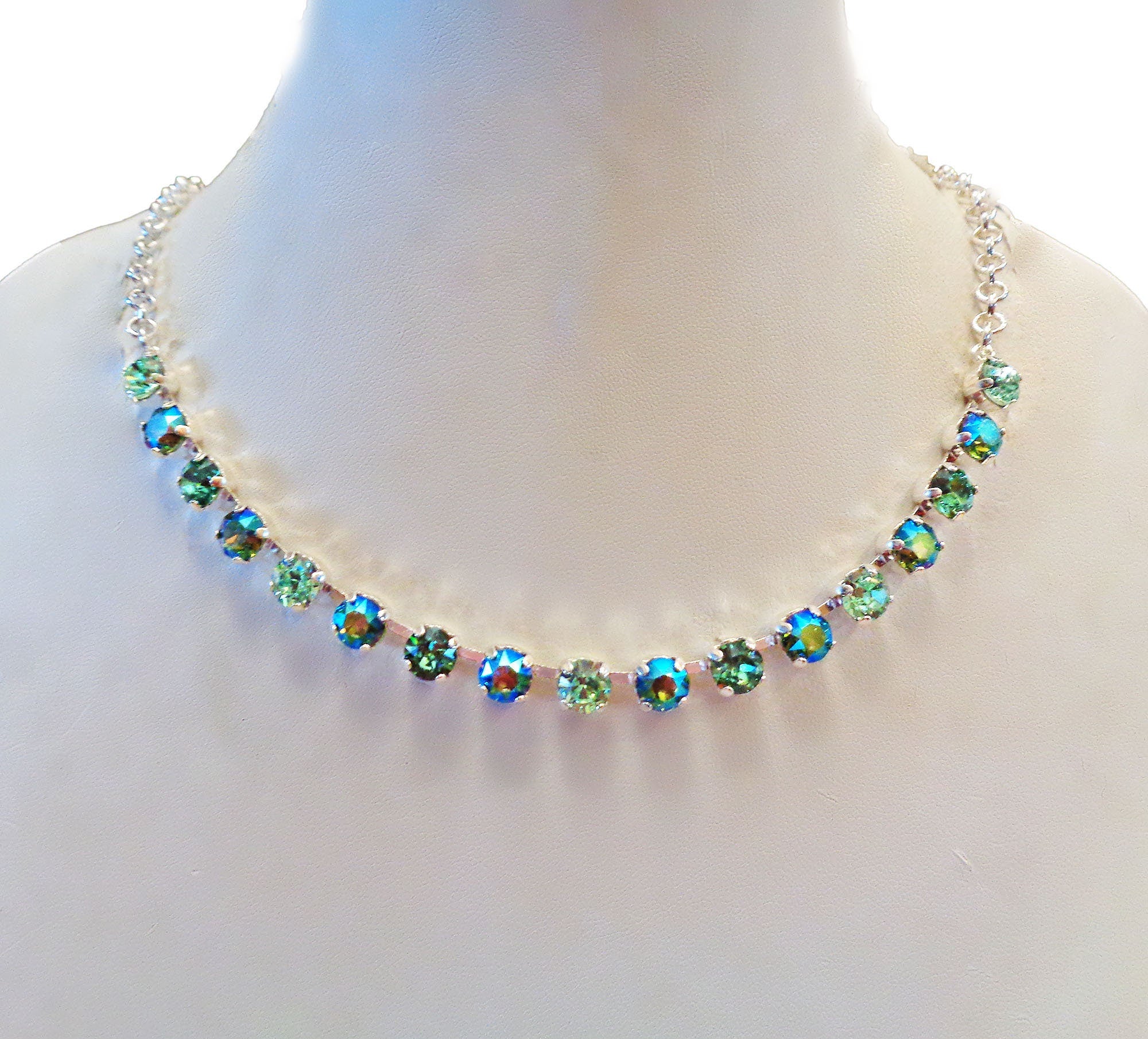 Crystal chain necklace erinite shimmer,chrysolite green