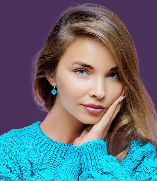 Crystal stud and drop square stone earrings,turquoise,rhodium silver