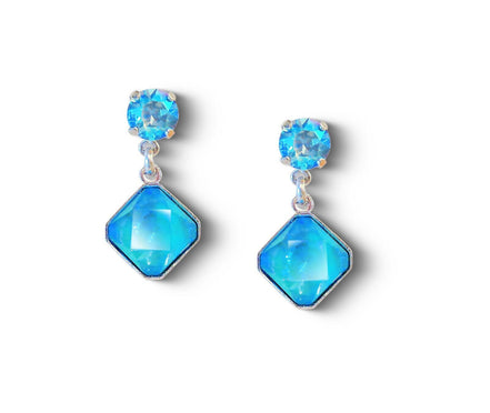 Crystal stud and drop square stone earrings,turquoise,rhodium silver