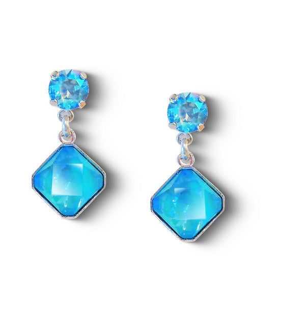 Crystal stud and drop square stone earrings,turquoise,rhodium silver