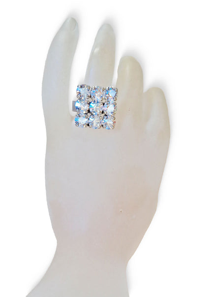 Crystal multi stone ring ,moonlight,rhodium silver