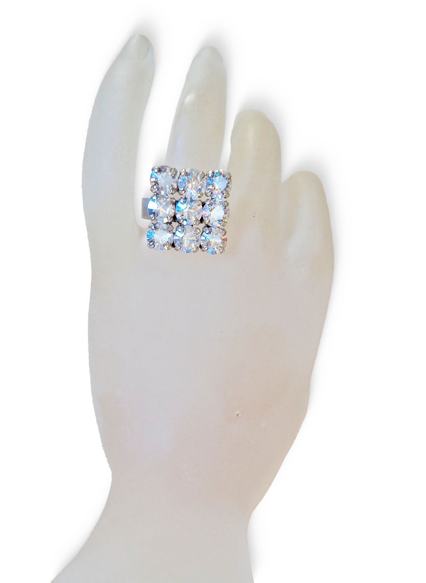 Crystal multi stone ring ,moonlight,rhodium silver
