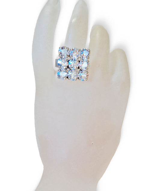 Crystal multi stone ring ,moonlight,rhodium silver
