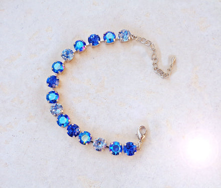Crystal tennis bracelet sapphire shimmer,rhodium silver