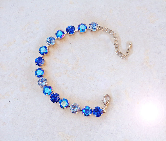 Crystal tennis bracelet sapphire shimmer,rhodium silver
