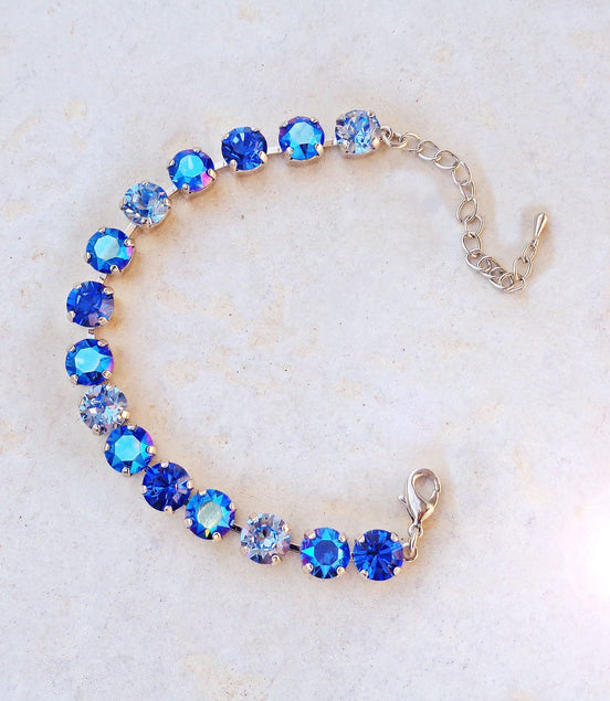 Crystal tennis bracelet sapphire shimmer,rhodium silver