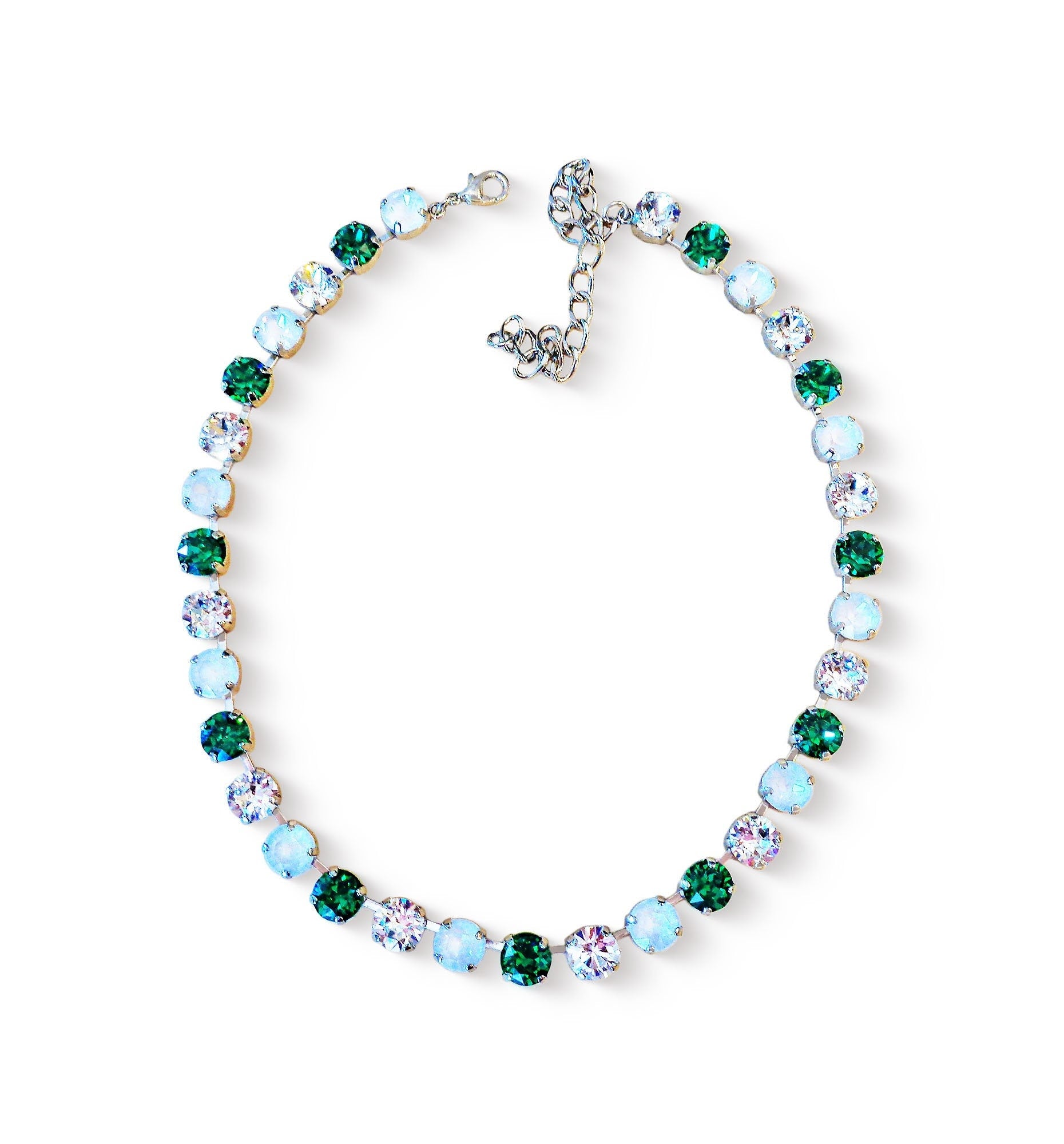 EMERALD DROPS  crystal necklace electric white,green,rhodium silver