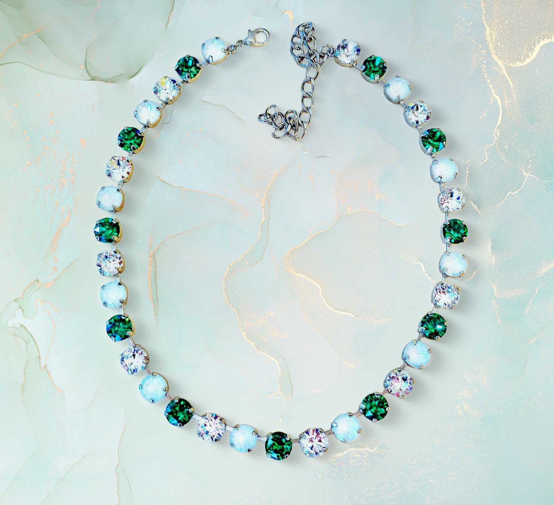 EMERALD DROPS  crystal necklace electric white,green,rhodium silver