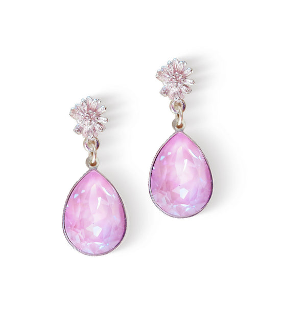 Crystal pear stud drop earrings,soft mint,silver plated