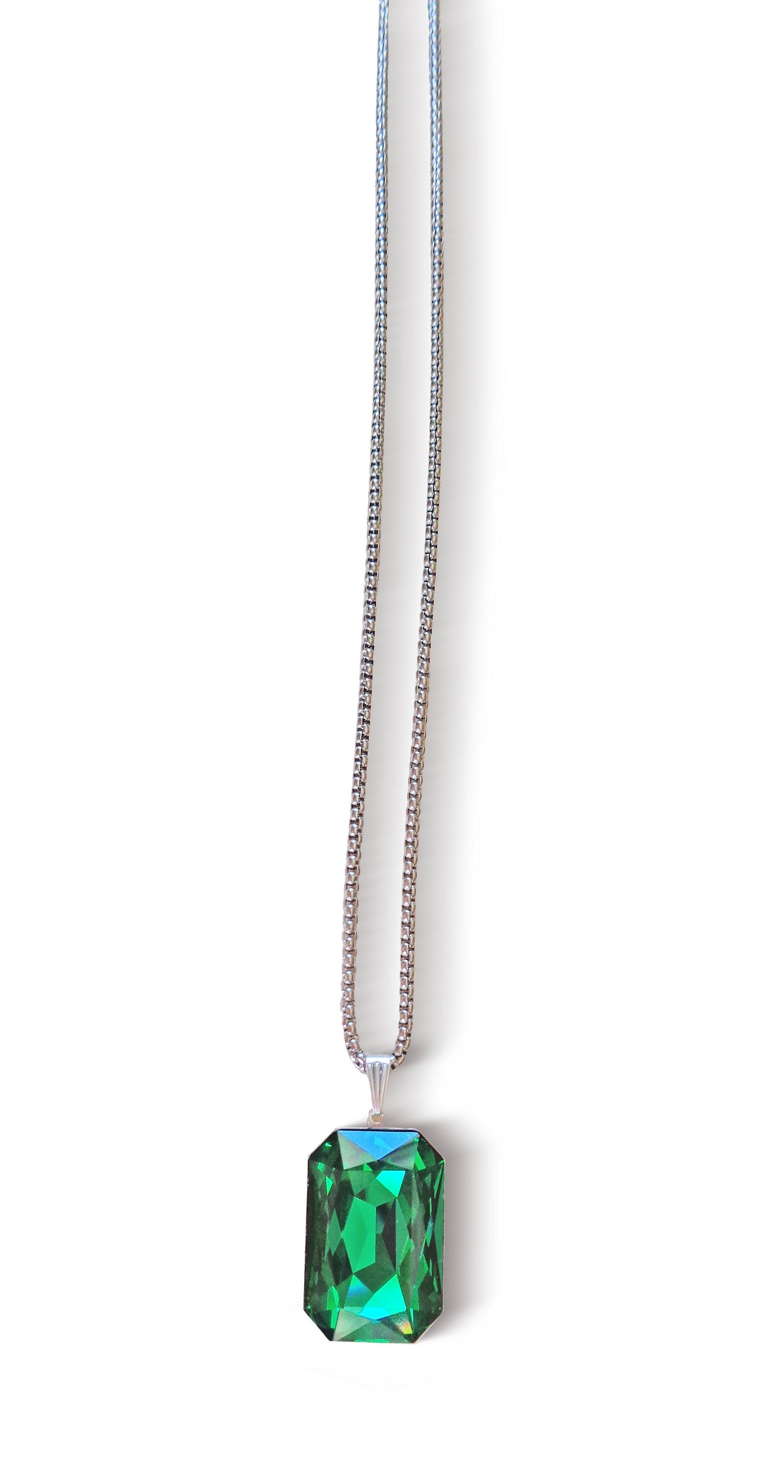 Crystal  large rectangular pendant necklace majestic green,stainless steel