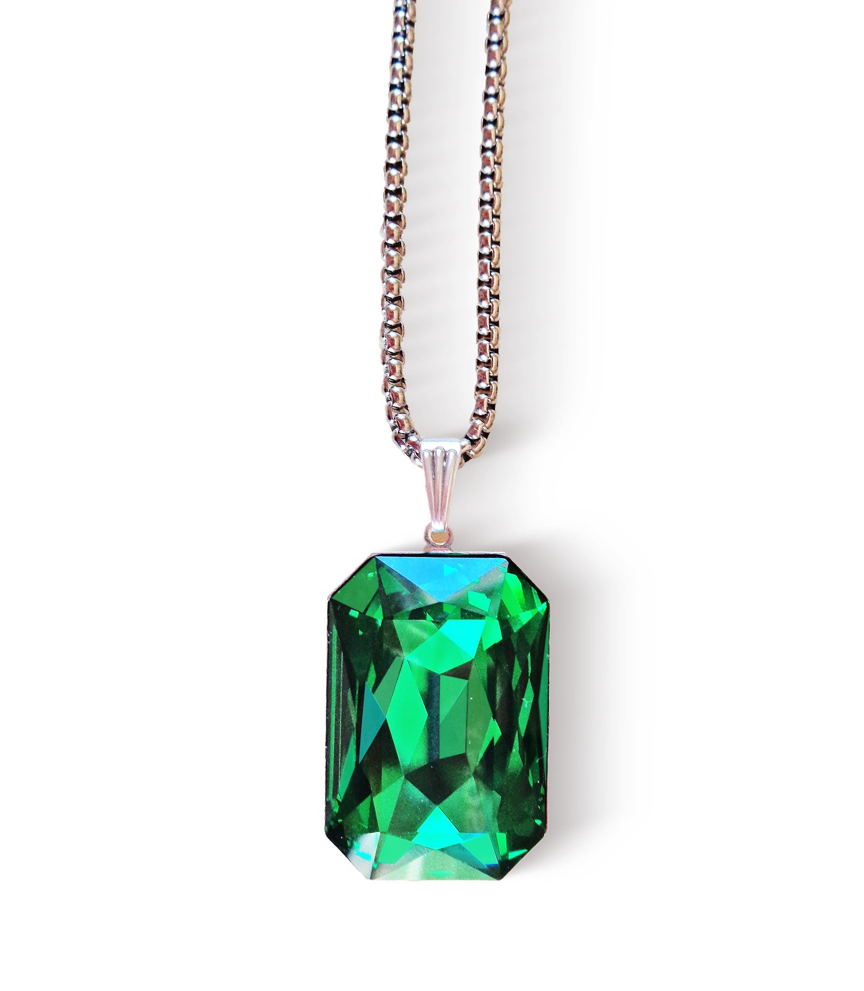Crystal  large rectangular pendant necklace majestic green,stainless steel