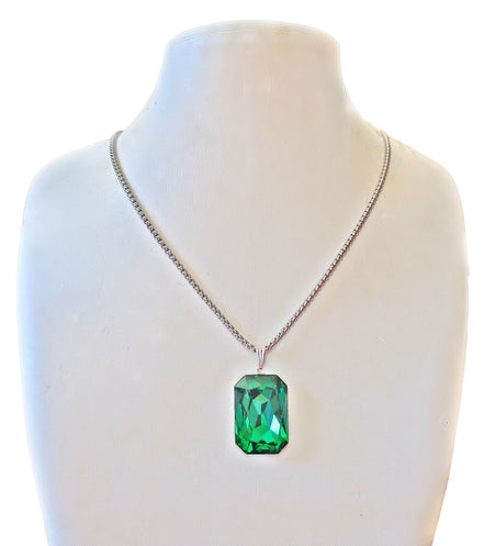 Crystal  large rectangular pendant necklace majestic green,stainless steel