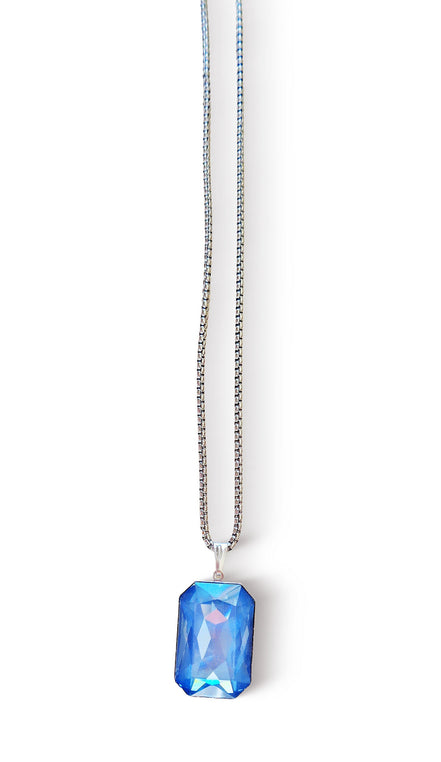 Crystal  large rectangular pendant necklace denim blue,stainless steel