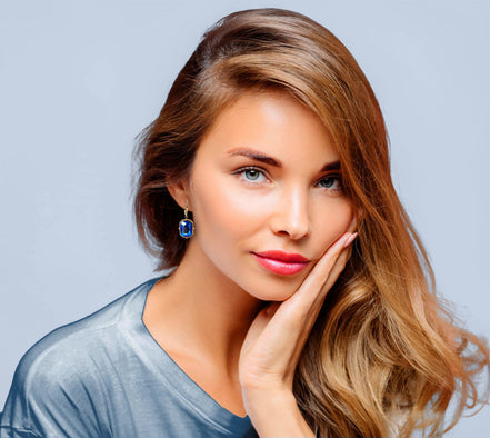 Crystal emerald cut drop earrings,cobalt  shimmer,18k gold plated