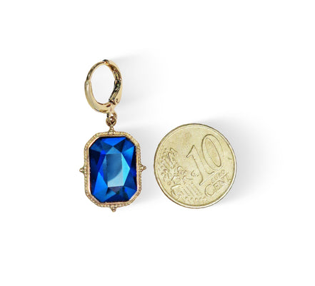 Crystal emerald cut drop earrings,cobalt  shimmer,18k gold plated
