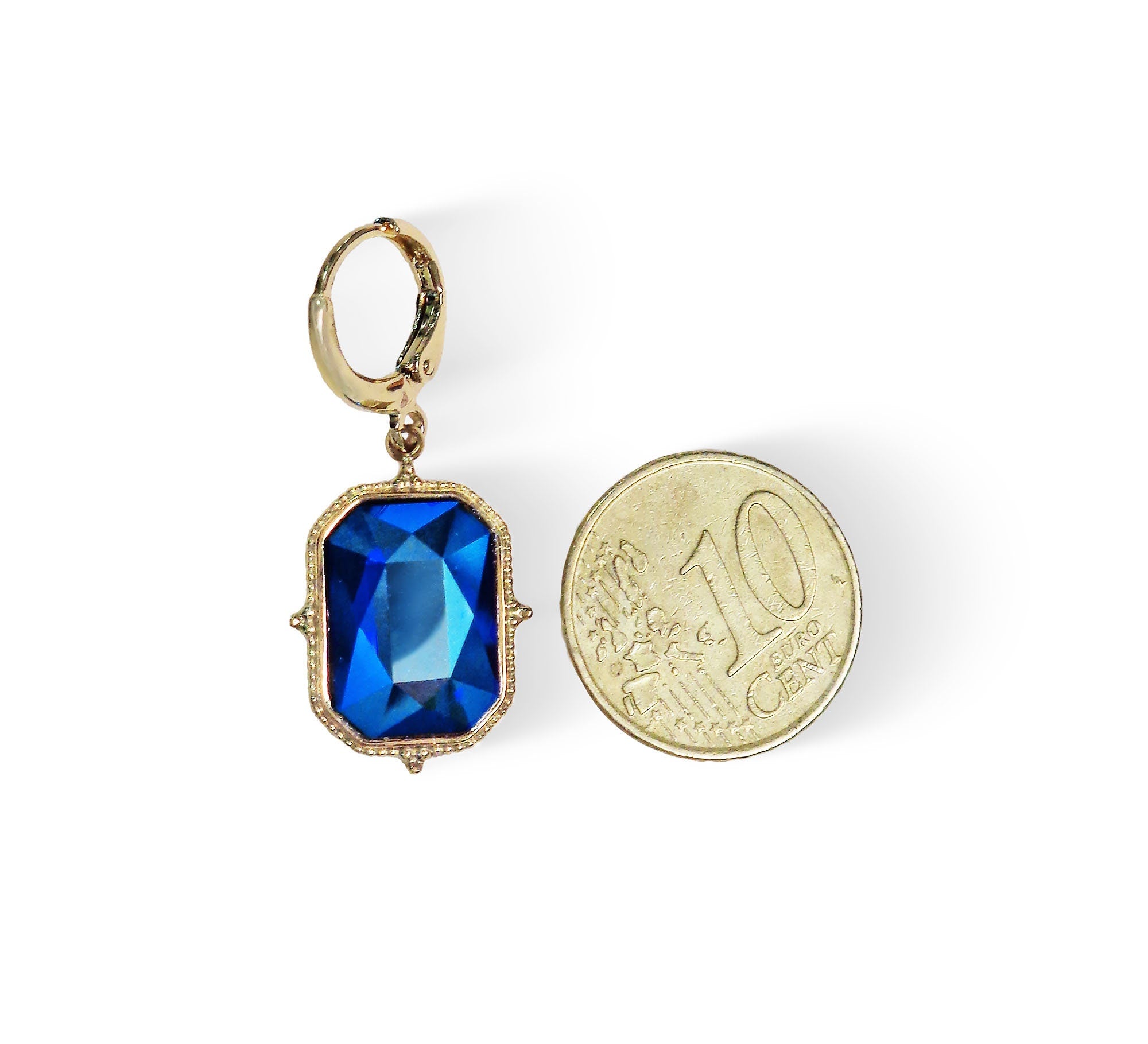 Crystal emerald cut drop earrings,cobalt  shimmer,18k gold plated