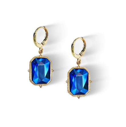 Crystal emerald cut drop earrings,cobalt  shimmer,18k gold plated