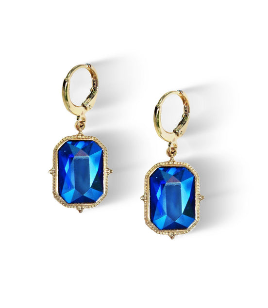 Crystal emerald cut drop earrings,cobalt  shimmer,18k gold plated