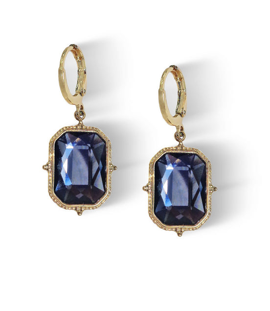 Crystal emerald cut drop earrings,silver  night,18k gold plated