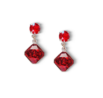 Crystal stud and drop  square stone earrings,scarlet red ,rhodium silver