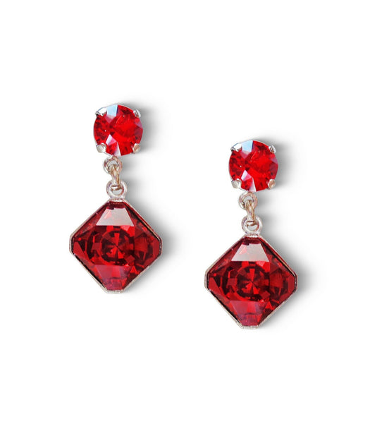 Crystal stud and drop  square stone earrings,scarlet red ,rhodium silver