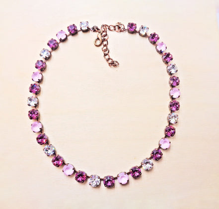 A ROSE IS A ROSE crystal tennis  necklace,dark rose and soft pink,
