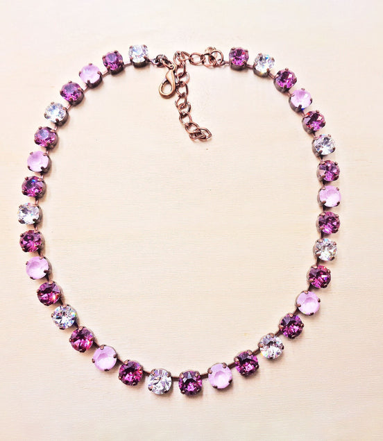 A ROSE IS A ROSE crystal tennis  necklace,dark rose and soft pink,