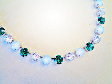 EMERALD DROPS  crystal necklace electric white,green,rhodium silver