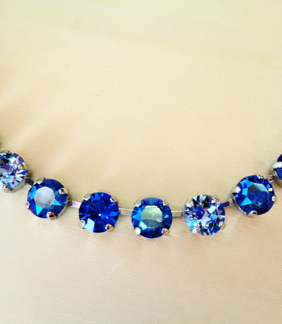 BLUE RAINDROPS Austrian crystal tennis necklace, dark sapphire shimmer