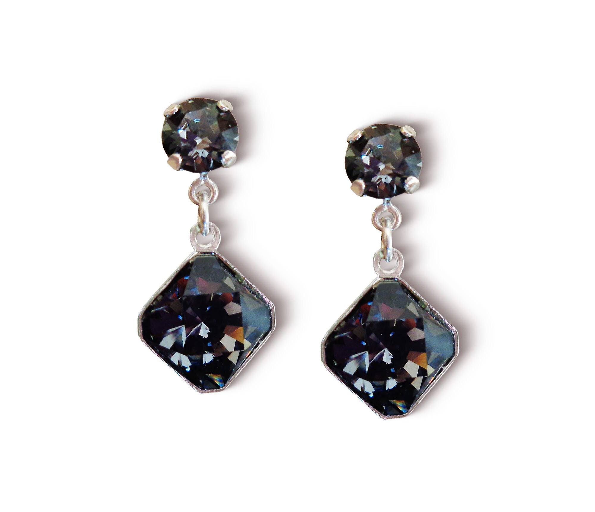 Austrian crystal  stud and drop square stone earrings,silver night ,rhodium silver plated
