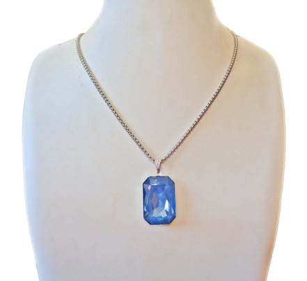 Crystal  large rectangular pendant necklace denim blue,stainless steel