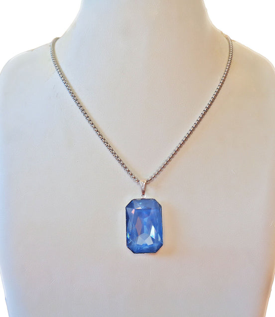 Crystal  large rectangular pendant necklace denim blue,stainless steel