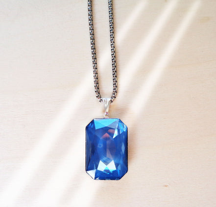 Crystal  large rectangular pendant necklace denim blue,stainless steel