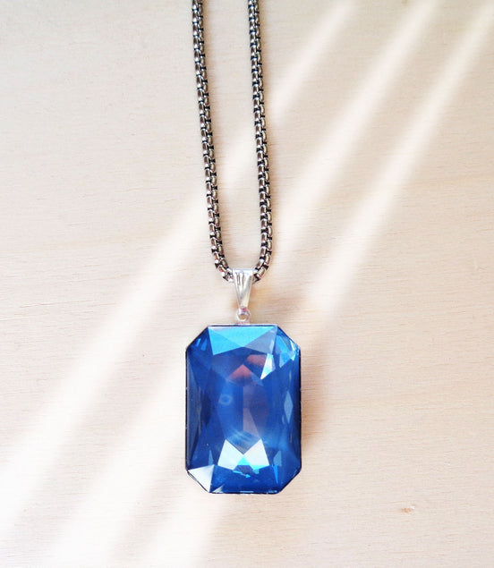 Crystal  large rectangular pendant necklace denim blue,stainless steel