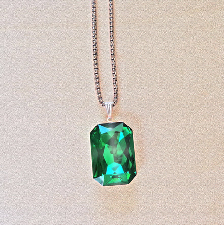 Crystal  large rectangular pendant necklace majestic green,stainless steel